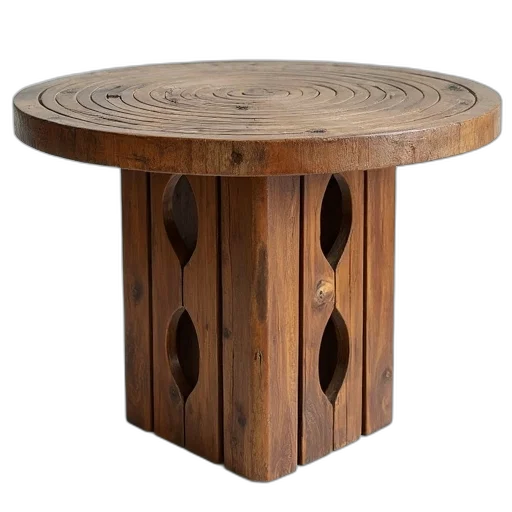 furniture, 3d render, rustic, wooden, table, round, top, square transparent PNG cut-out