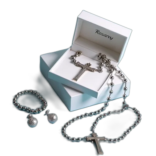 jewelry, collection, items, displayed, blue, surface, include, rosary transparent PNG cut-out