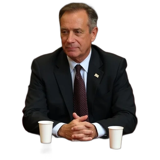 man, dark, suit, tie, seated, wooden, table, his transparent PNG cut-out