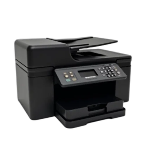 3d render, black, multifunctional, printer, touchscreen, display, paper, tray transparent PNG cut-out