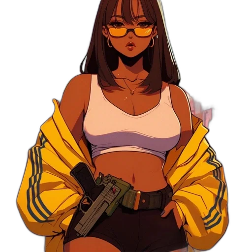 jacket, weapon, dress, staff, concept art, cyberpunk, pixel art, comic book art transparent PNG cut-out
