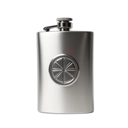 bottle, 3d render, silver, flask, metallic, cap, circular, emblem transparent PNG cut-out