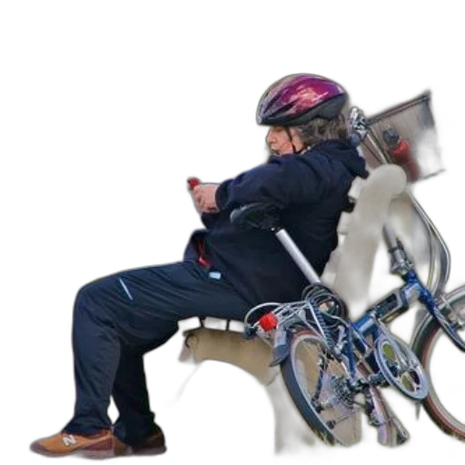 concept art, photorealistic, cyclist, wearing, helmet, sits, bench, their transparent PNG cut-out