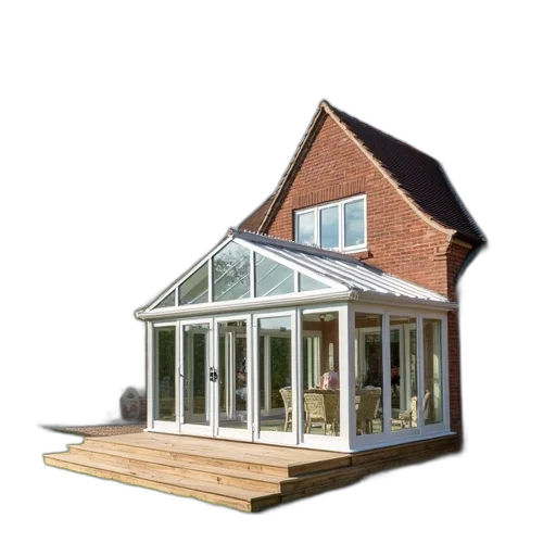 3d render, photorealistic, brick, building, white, roof, glass, conservatory transparent PNG cut-out