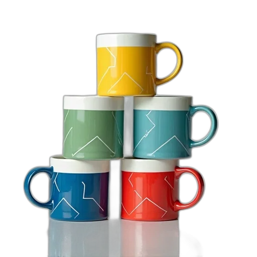 3d render, colorful, pastel, stack, six, ceramic, mugs, geometric transparent PNG cut-out