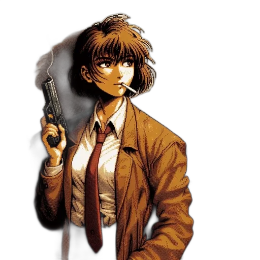 jacket, weapon, staff, comic book art, concept art, pixel art, anime, tense transparent PNG cut-out
