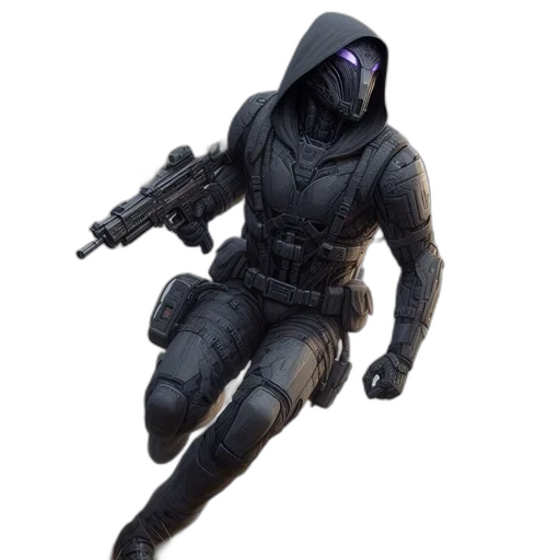 weapon, jacket, mask, staff, concept art, 3d render, cyberpunk, dark transparent PNG cut-out