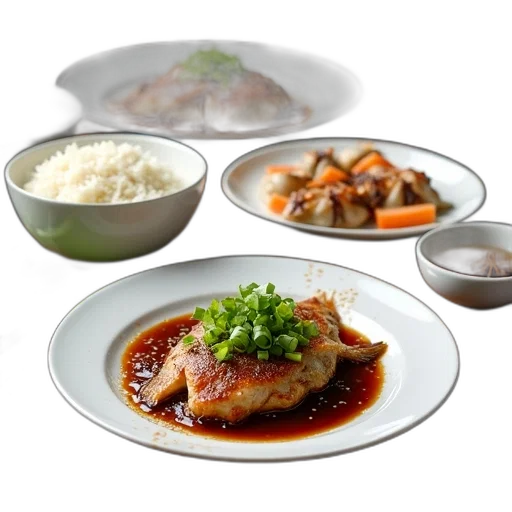 food, photorealistic, 3d render, variety, chinese, dishes, displayed, wooden transparent PNG cut-out