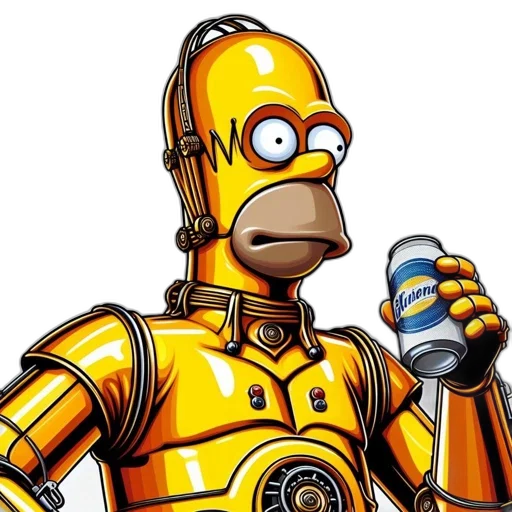 robot, bottle, concept art, 3d render, pixel art, cartoon, homer, simpson transparent PNG cut-out