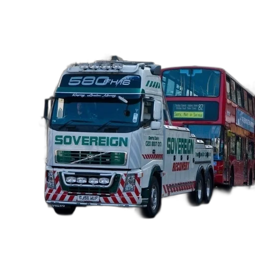 3d render, white, truck, word, sovereign, towing, red, double-decker transparent PNG cut-out