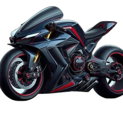 photorealistic, concept art, 3d render, cartoon, futuristic, black, motorcycle, red transparent PNG cut-out