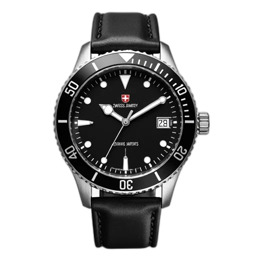 black, swiss, army, watch, leather, strap, displayed, against transparent PNG cut-out
