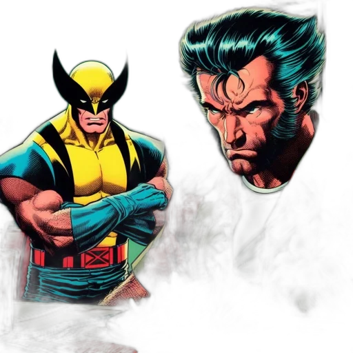 comic book art, concept art, pixel art, cartoon, wolverine, deadpool, sit, side-by-side transparent PNG cut-out