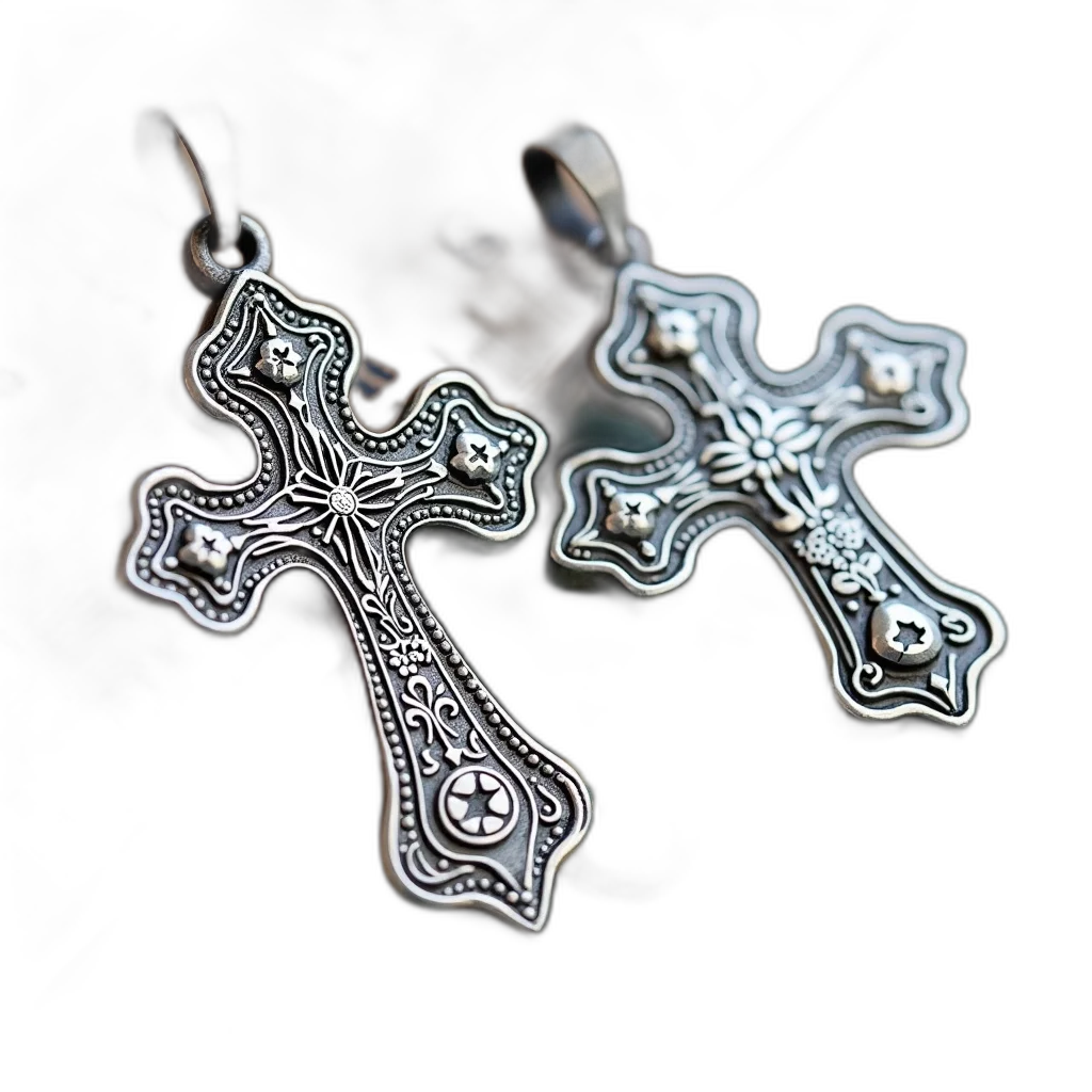 jewelry, two, ornate, antique-style, silver, crosses, intricate, designs transparent PNG cut-out
