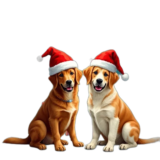 photorealistic, festive, christmas, card, featuring, two, dogs, sitting transparent PNG cut-out