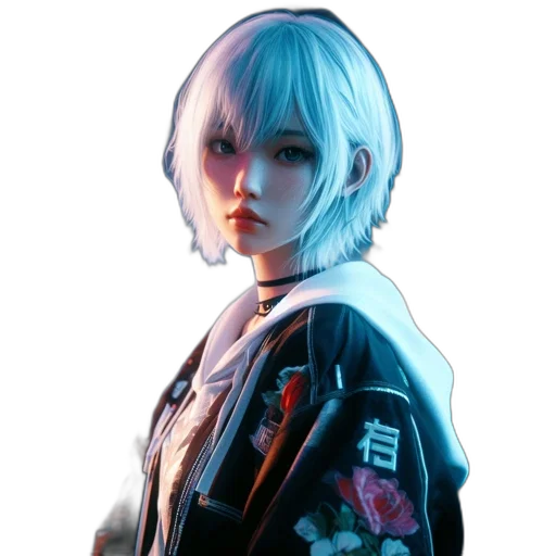 jacket, face, robot, staff, cyberpunk, concept art, photorealistic, 3d render transparent PNG cut-out