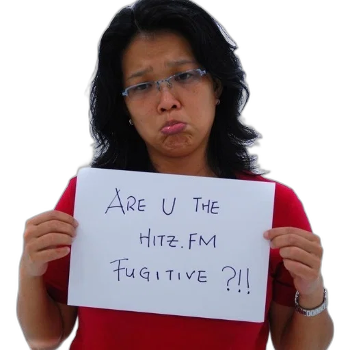 woman, red, shirt, holds, sign, reads, hitz, fugitive transparent PNG cut-out