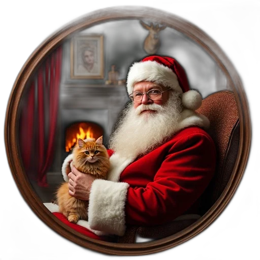 photorealistic, fire, round, framed, image, santa, claus, sitting transparent PNG cut-out