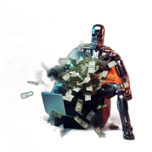 robot, weapon, concept art, cyberpunk, 3d render, comic book art, humanoid, chair transparent PNG cut-out