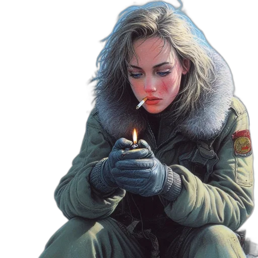 jacket, concept art, comic book art, cyberpunk, photorealistic, fire, snow, woman transparent PNG cut-out