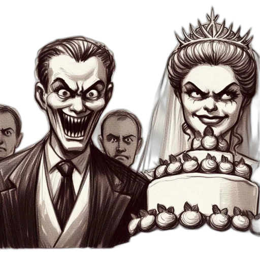 crown, mask, concept art, comic book art, cartoon, pencil sketch, couple, groom transparent PNG cut-out