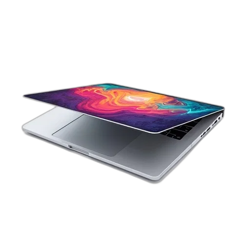 silver, laptop, colorful, abstract, patterned, skin, cover, open transparent PNG cut-out