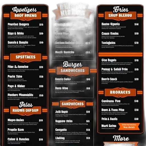food, menu, various, items, listed, including, burgers, sandwiches transparent PNG cut-out
