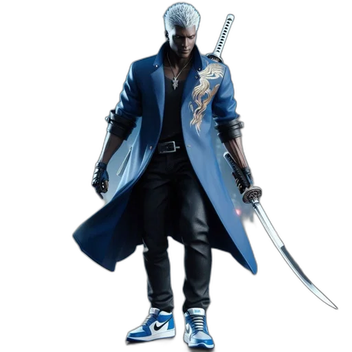 jacket, sword, weapon, concept art, 3d render, cyberpunk, fantasy art, blue transparent PNG cut-out