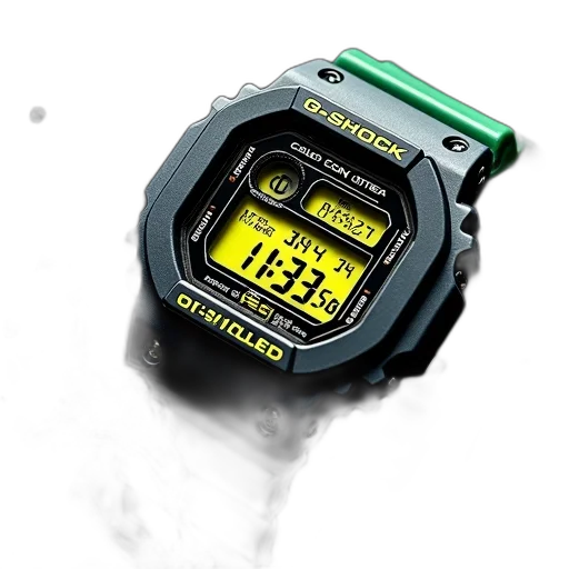 cyberpunk, 3d render, close-up, black, green, casio, g-shock, watch transparent PNG cut-out