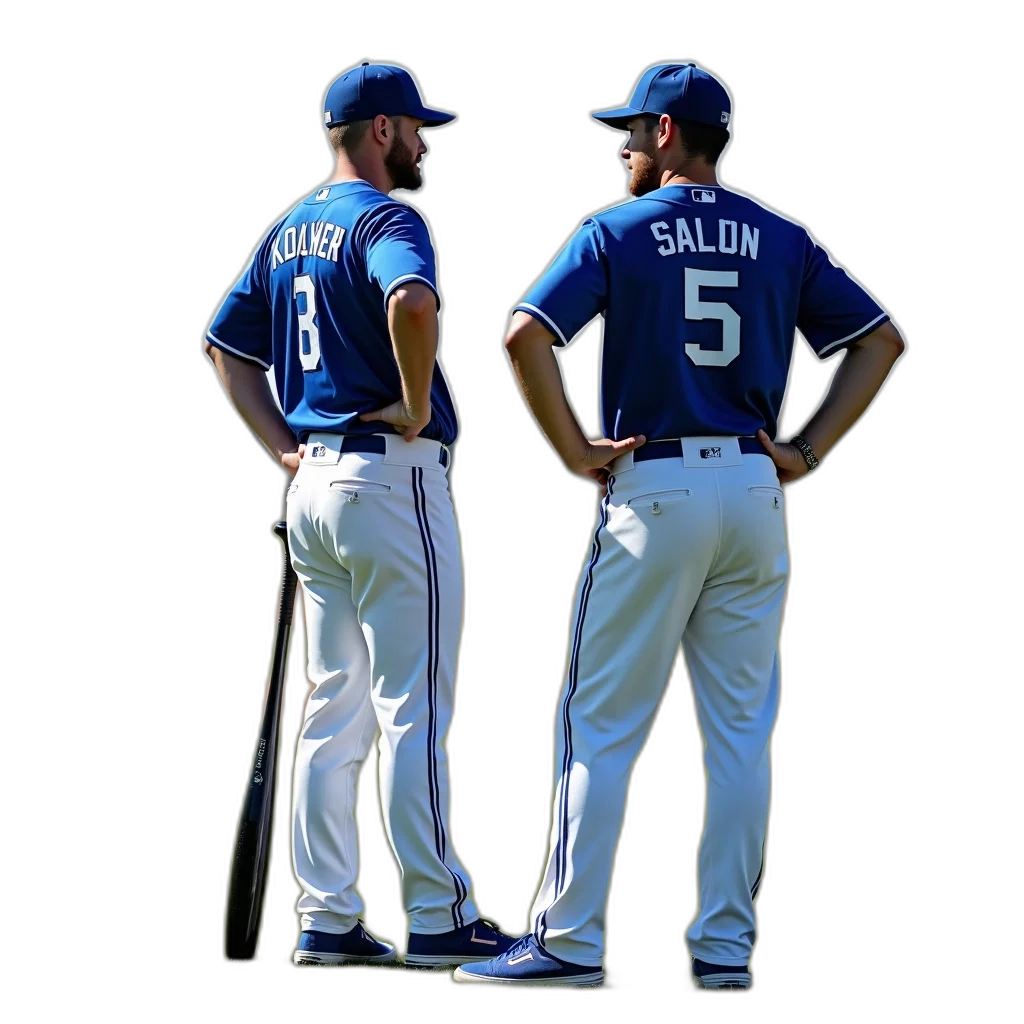 two, men, blue, baseball, uniforms, standing, field, one transparent PNG cut-out