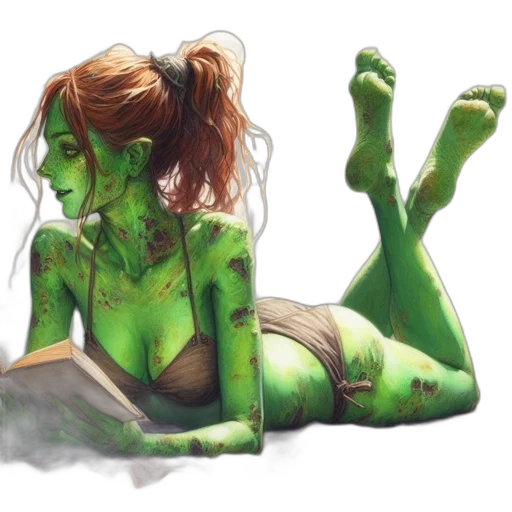 creature, concept art, comic book art, fantasy art, watercolor, green, woman, reclines transparent PNG cut-out