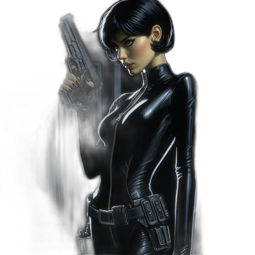 weapon, jacket, comic book art, concept art, cyberpunk, fantasy art, woman, black transparent PNG cut-out