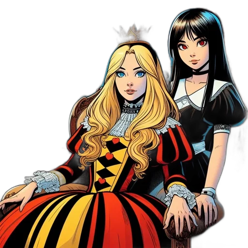 crown, comic book art, concept art, cartoon, fantasy art, two, females, occupy transparent PNG cut-out