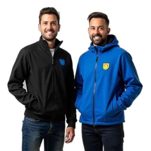 jacket, staff, two, men, standing, side, both, wearing transparent PNG cut-out