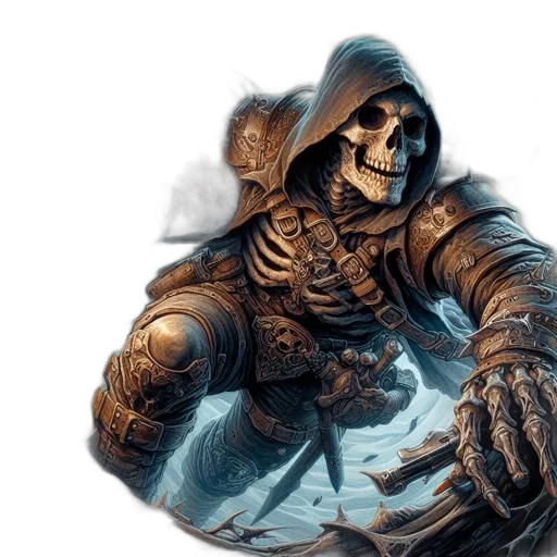 fantasy art, concept art, photorealistic, comic book art, dark, skeletal, figure, adorned transparent PNG cut-out