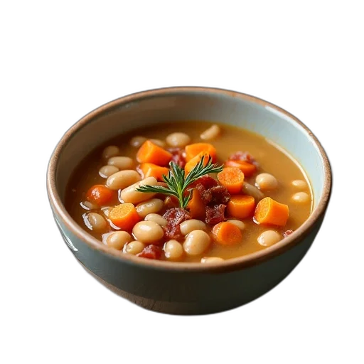 food, photorealistic, 3d render, bowl, bean, soup, diced, carrots transparent PNG cut-out