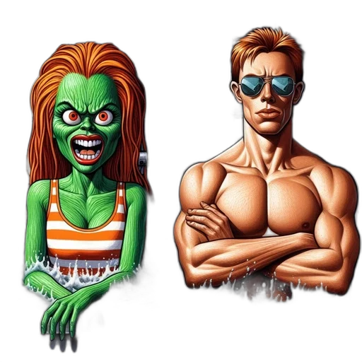 comic book art, concept art, pixel art, 3d render, two, cartoon, characters, green-skinned transparent PNG cut-out