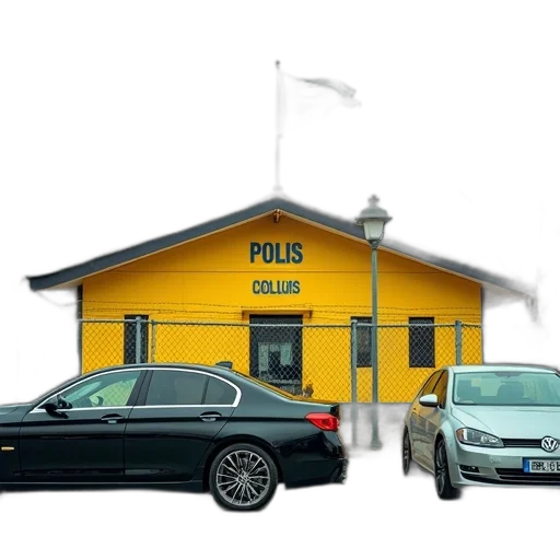 car, building, photorealistic, 3d render, yellow, green, flag, top transparent PNG cut-out