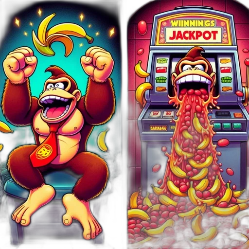 concept art, two, distinct, scenes, jovial, donkey, kong, throws transparent PNG cut-out