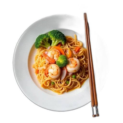 food, photorealistic, 3d render, plate, noodles, shrimp, vegetables, placed transparent PNG cut-out