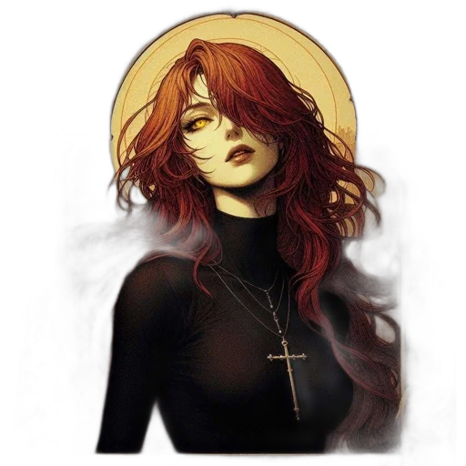 comic book art, pixel art, fantasy art, concept art, dark, golden, red, female transparent PNG cut-out
