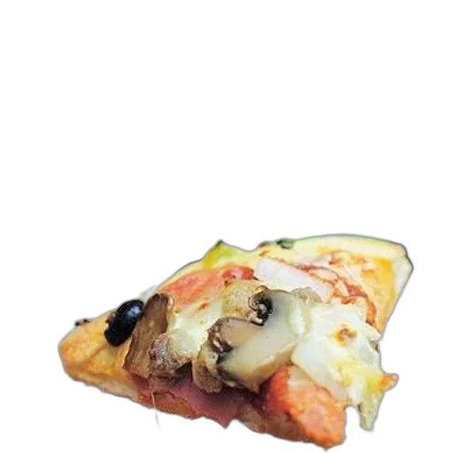 food, umbrella, photorealistic, slice, pizza, mushrooms, olives, held transparent PNG cut-out