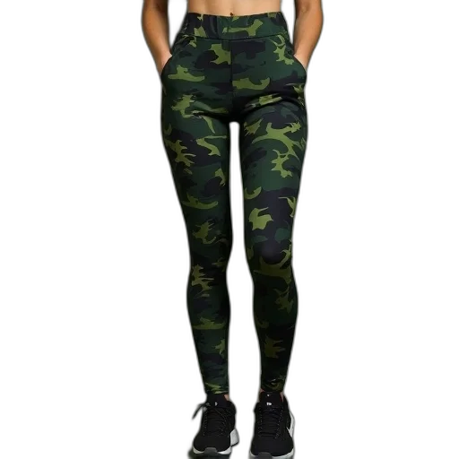 green, woman, wearing, black, camouflage, leggings transparent PNG cut-out