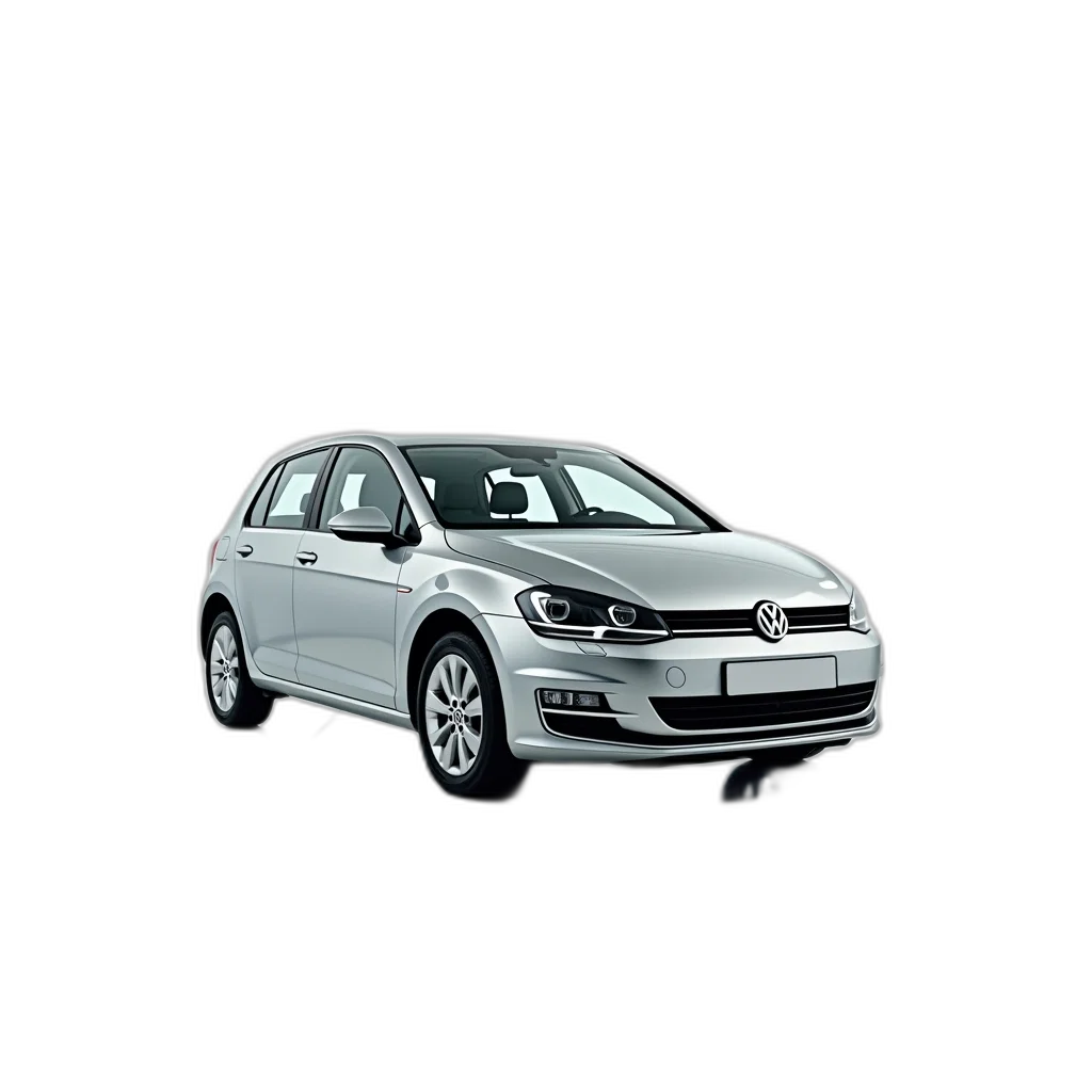 car, 3d render, photorealistic, silver, volkswagen, hatchback, parked, showroom transparent PNG cut-out