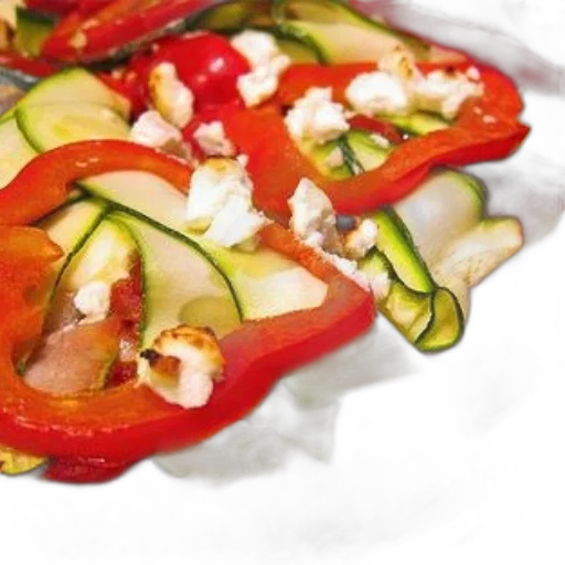 food, photorealistic, close-up, pizza, topped, red, peppers, zucchini transparent PNG cut-out