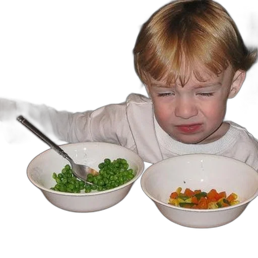 food, child, sits, table, two, bowls, vegetables, one transparent PNG cut-out