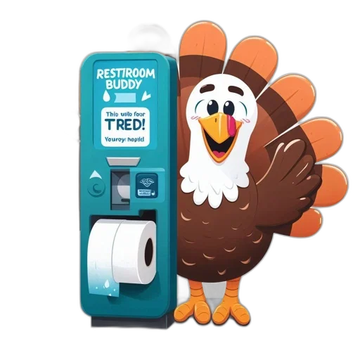cartoon, turkey, stands, beside, vending, machine, named, restroom transparent PNG cut-out