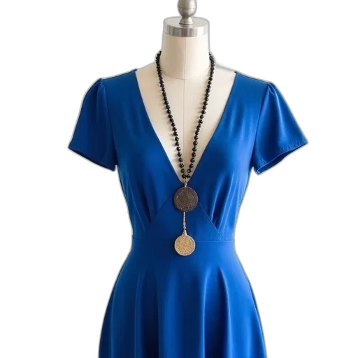 dress, jewelry, blue, earth tones, mannequin, wearing, v-neckline, short transparent PNG cut-out