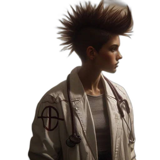 jacket, hair, staff, concept art, photorealistic, cyberpunk, hazy, medical transparent PNG cut-out