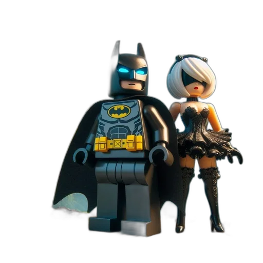 concept art, 3d render, comic book art, two, lego, figures, batman, female transparent PNG cut-out